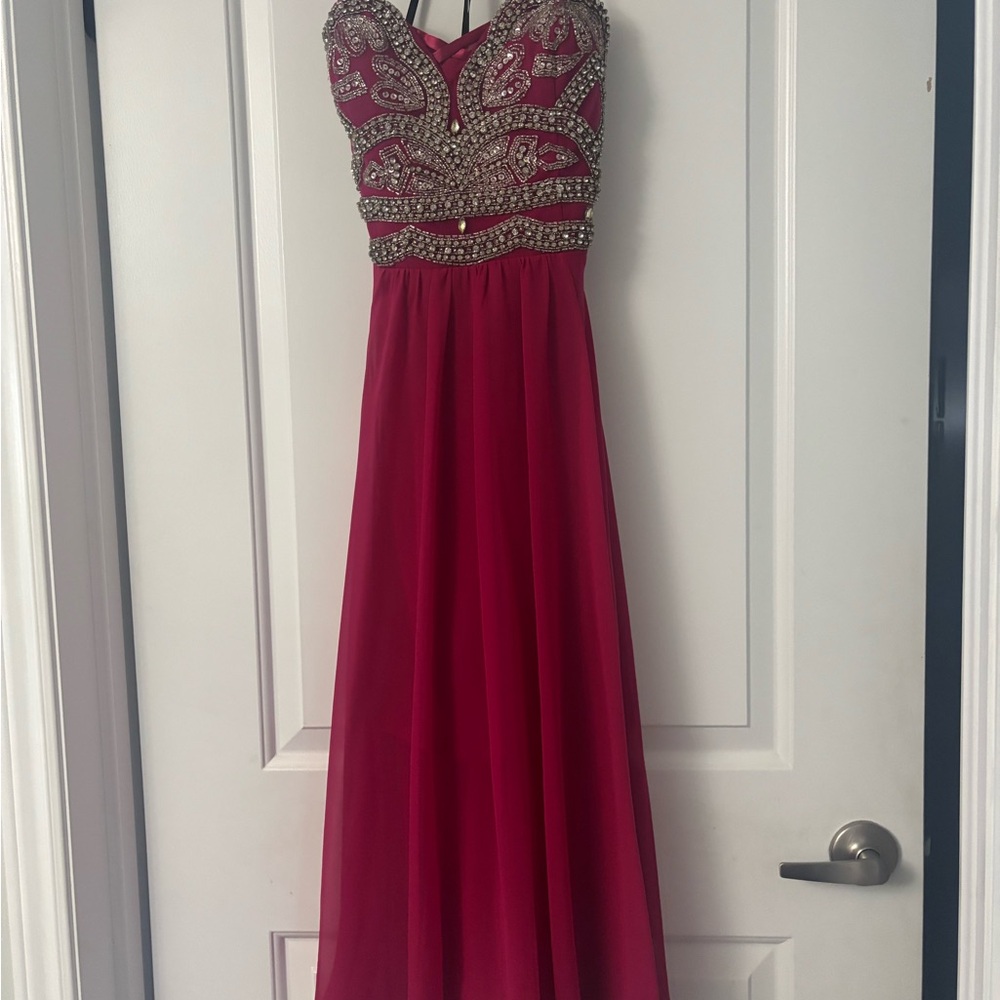 Elegant Bright Pink Beaded Evening Gown